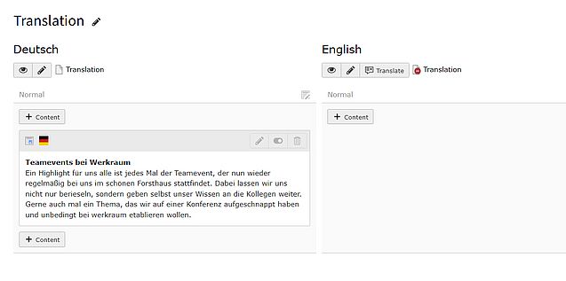 Backend-Screenshot der DeepL Translation in TYPO3, Button Translate um die Übersetzung zu starten