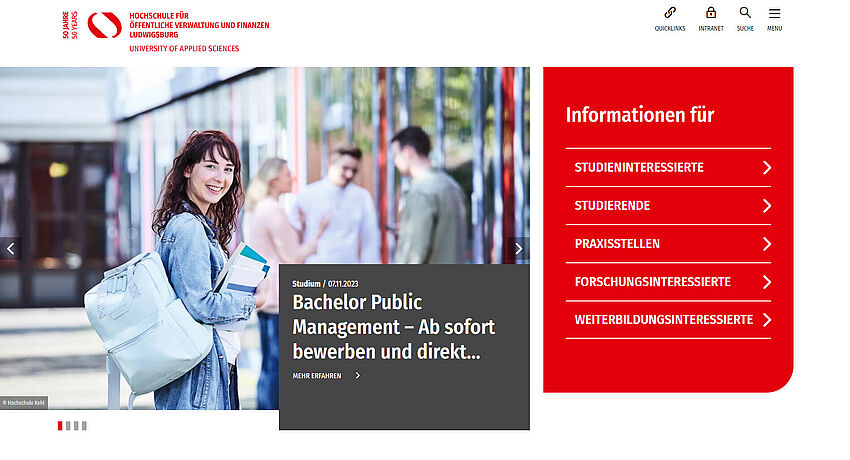Screenshot der Website der Hochschule Ludwigsburg, Darstellung des Headers mit dem Slider