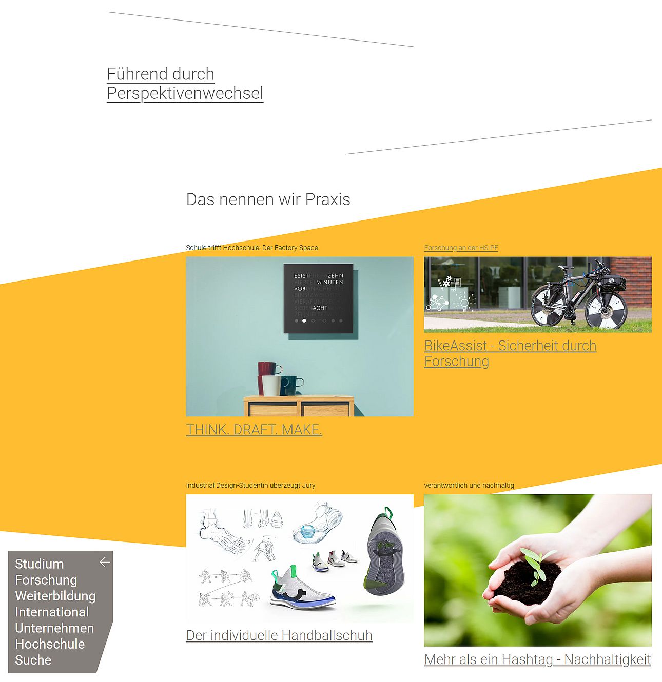 Screenshot der Website der Hochschule Pforzheim, man sieht einen Teil der Startseite mit verschiedenen Elementen