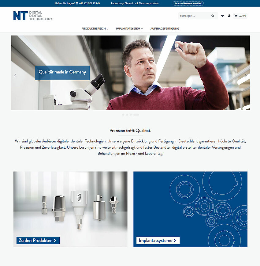 NT Dental Onlineshop, Screenshot der Startseite
