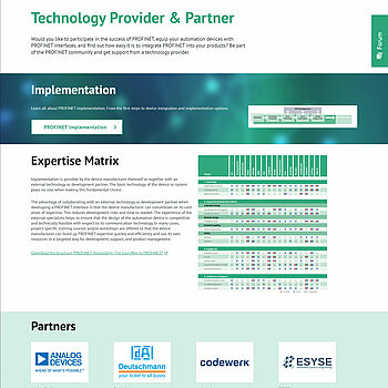 Screenshot der Technolgy Provider und Partner Übersicht von PROFINET