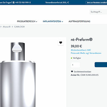 NT Dental Onlineshop, Screenshot einer Produkt-Detailseite