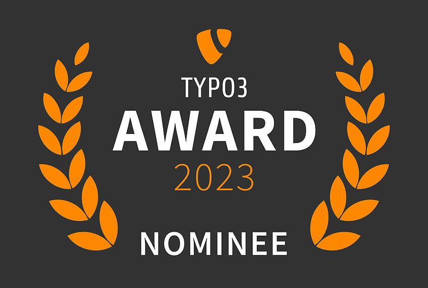 Logo des TYPO3 Awards 2023 mit dem Zusatz Nominee und Lorberkranz