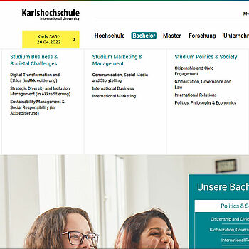 Referenz Karlshochschule Website Desktop Menü Ansicht Bachelor