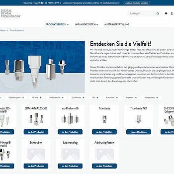 NT Dental Onlineshop, Screenshot eines Produktbereiches