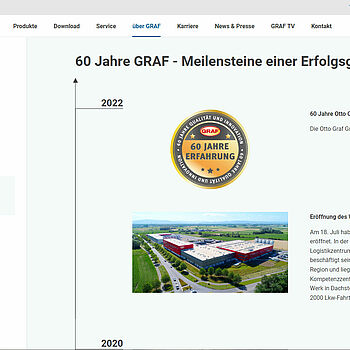 Screenshot der Graf-Website mit Darstellung der Firmenchronik