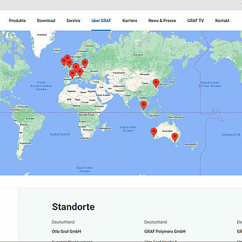 Screenshot der Graf-Website mit Darstellung der Standorte