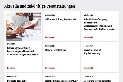 Screenshot der Website der Hochschule Ludwigsburg, Darstellung der Veranstaltungen als Kacheln mit und ohne Bild