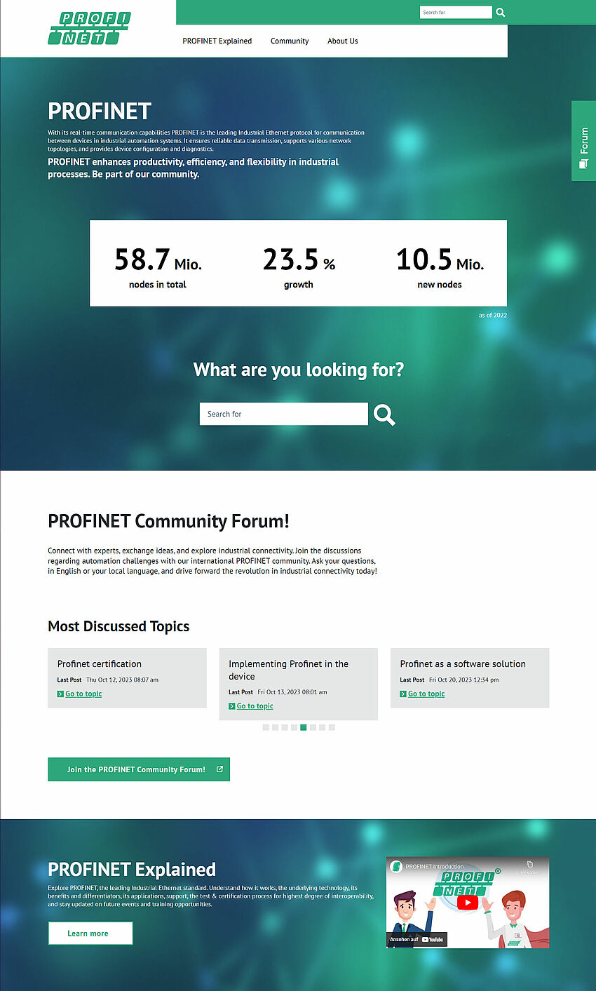 Screenshot der Startseite von PROFINET, dargestellt ist der obere Teil mit Navigation, Header, Suche, Forums-Topics und Call-to-Action