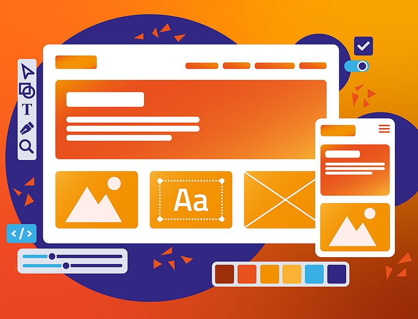 Titelbild zum Artike werkraum setzt auf Webdesign mit Stil, Grafik in orange und blau mit Wireframes und Designtools