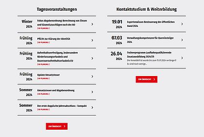 Screenshot der Website der Hochschule Ludwigsburg, Darstellung der Veranstaltungen als kleine Listen
