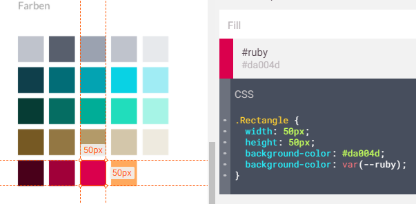 Zeigt die Farbpalette und CSS Code aus Zeplin